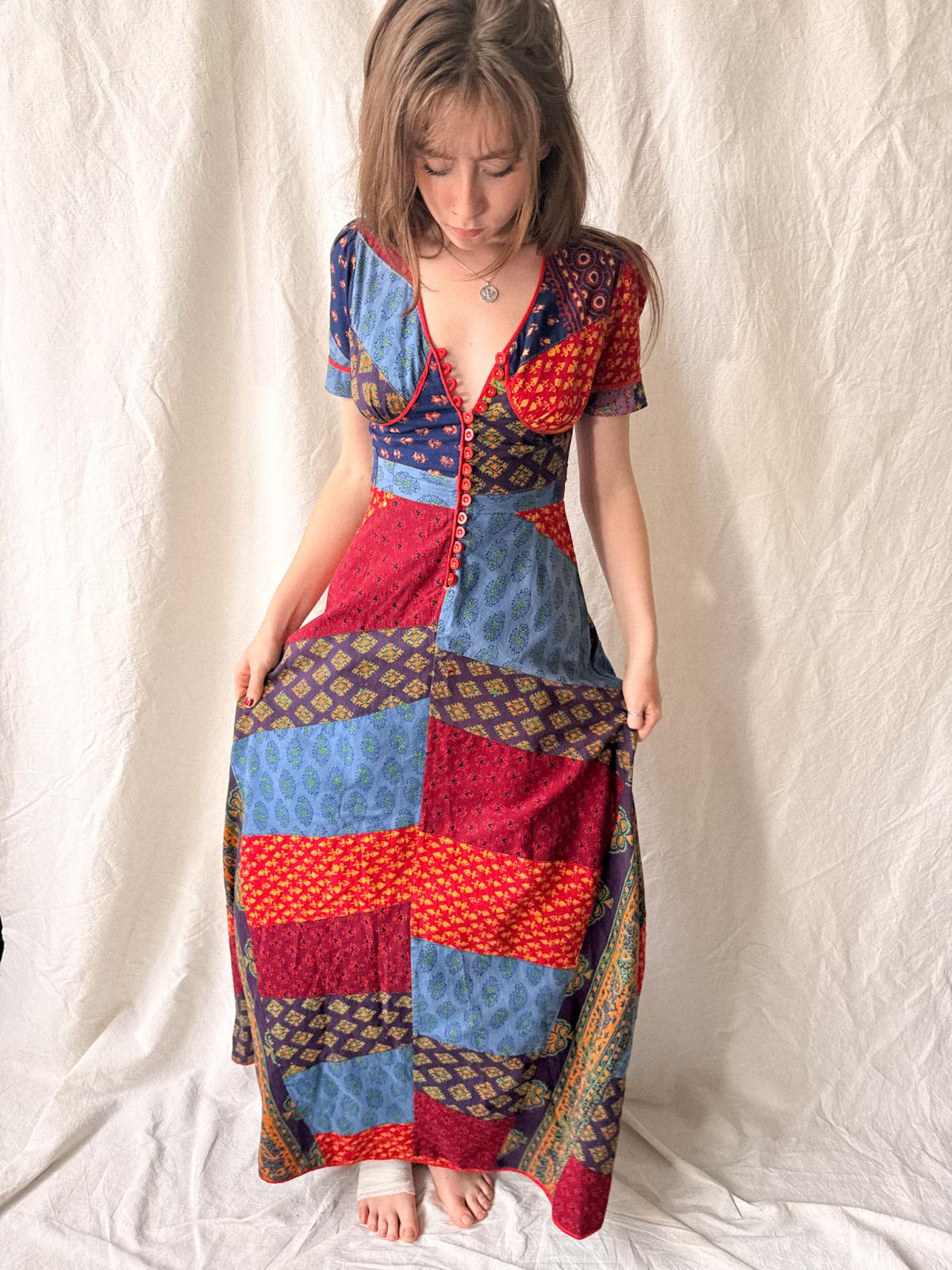 1970s Indian Cotton Patchwork Maxi Dress | Block Print Bohemian Folk Dress