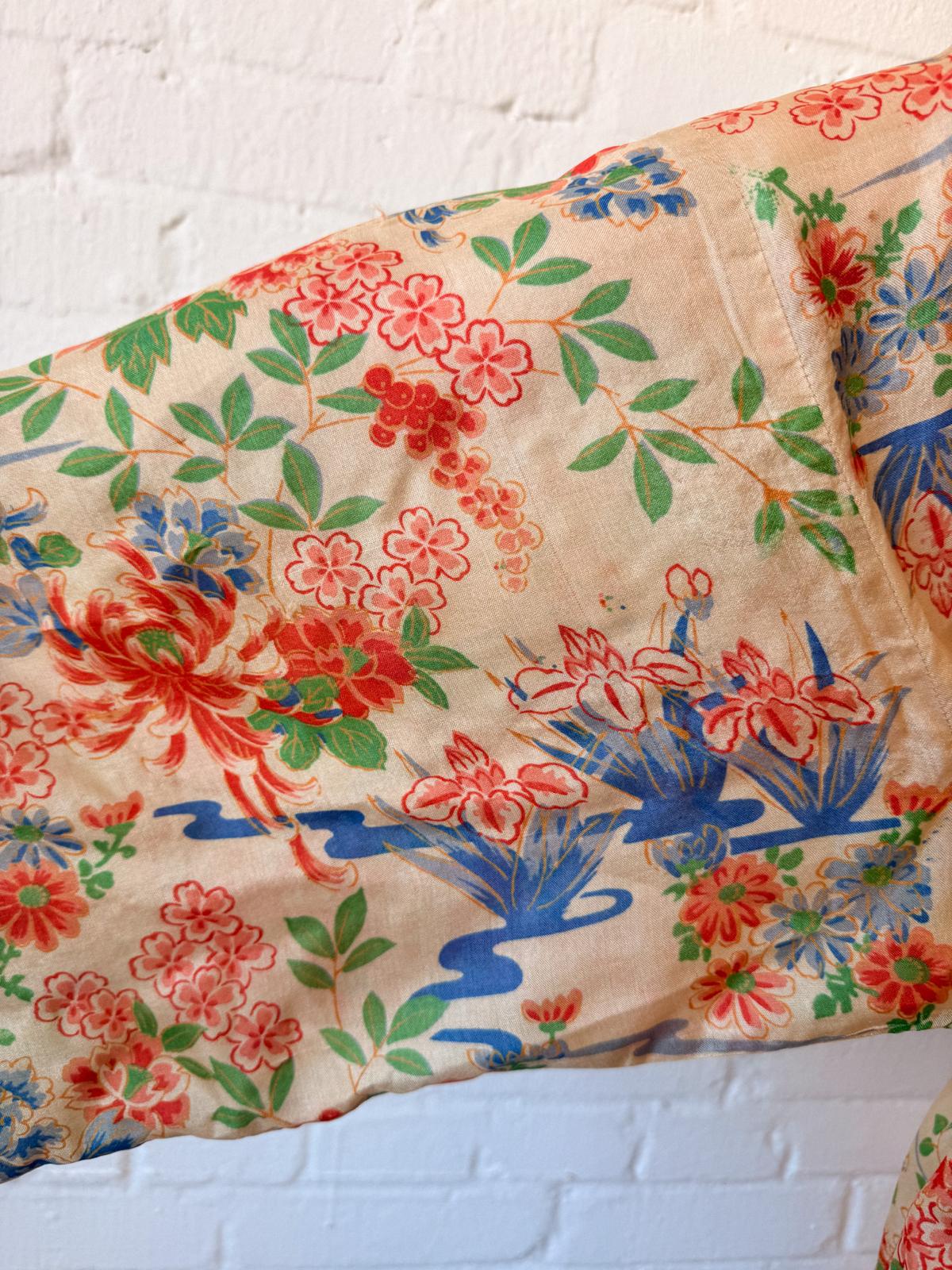 1920s Silk Pongee Kimono Robe – Full-Length Floral Tissue Silk