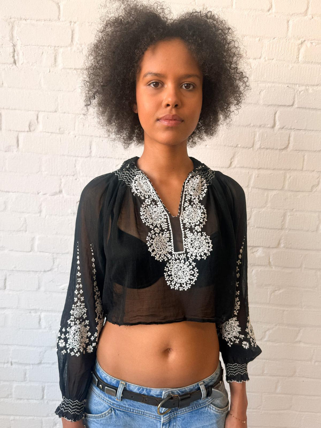 1920s–30s Eastern European Black Cotton Batiste Embroidered Folk Blouse