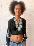 1920s–30s Eastern European Black Cotton Batiste Embroidered Folk Blouse
