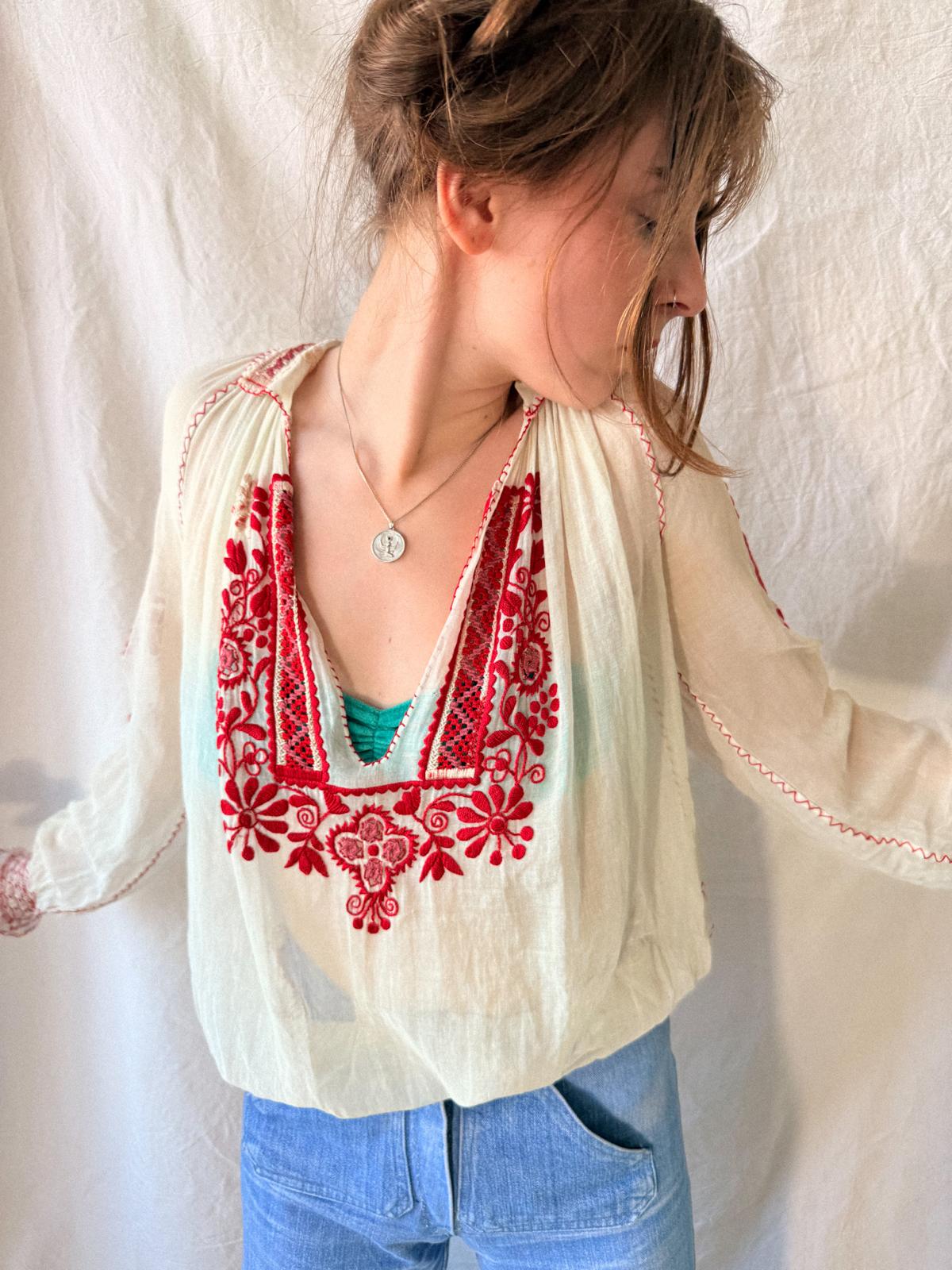 Vintage Romanian Folk Blouse in Fine Cotton Gauze | c. 1915–1930
