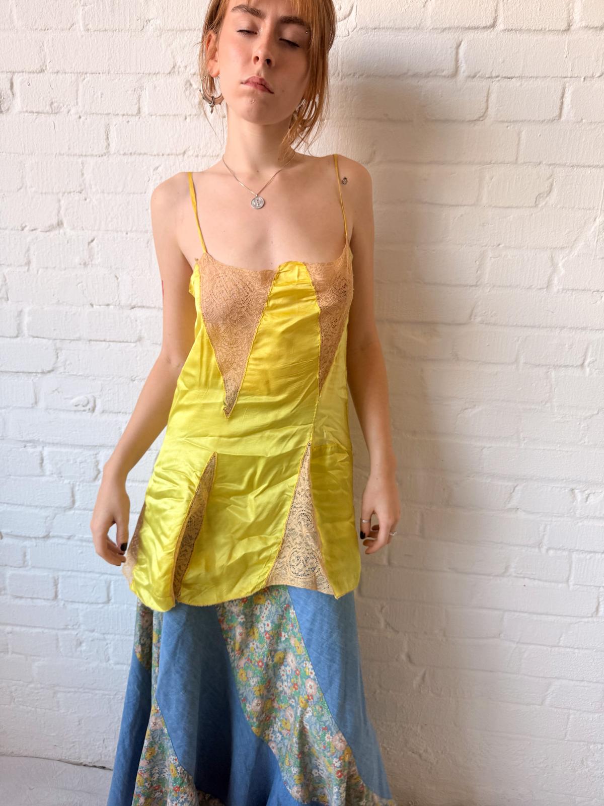 1920s Lemon Yellow Rayon Satin & Lace French Lingerie Slip