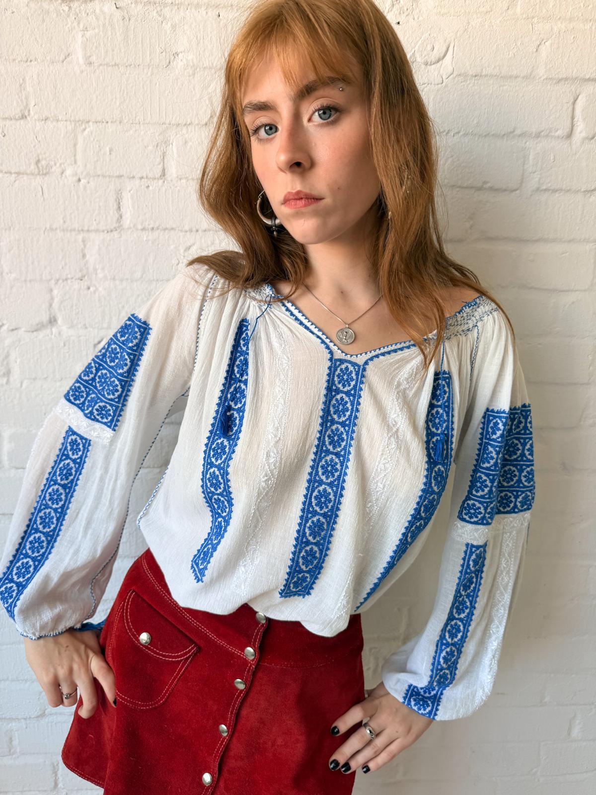 1960s–70s Eastern European Embroidered Cotton Folk Blouse