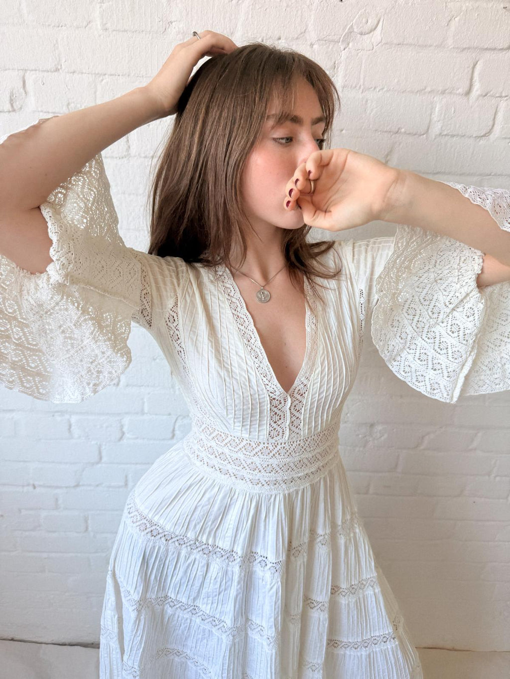 1970s Mexican Cotton and Crochet Lace Dress
