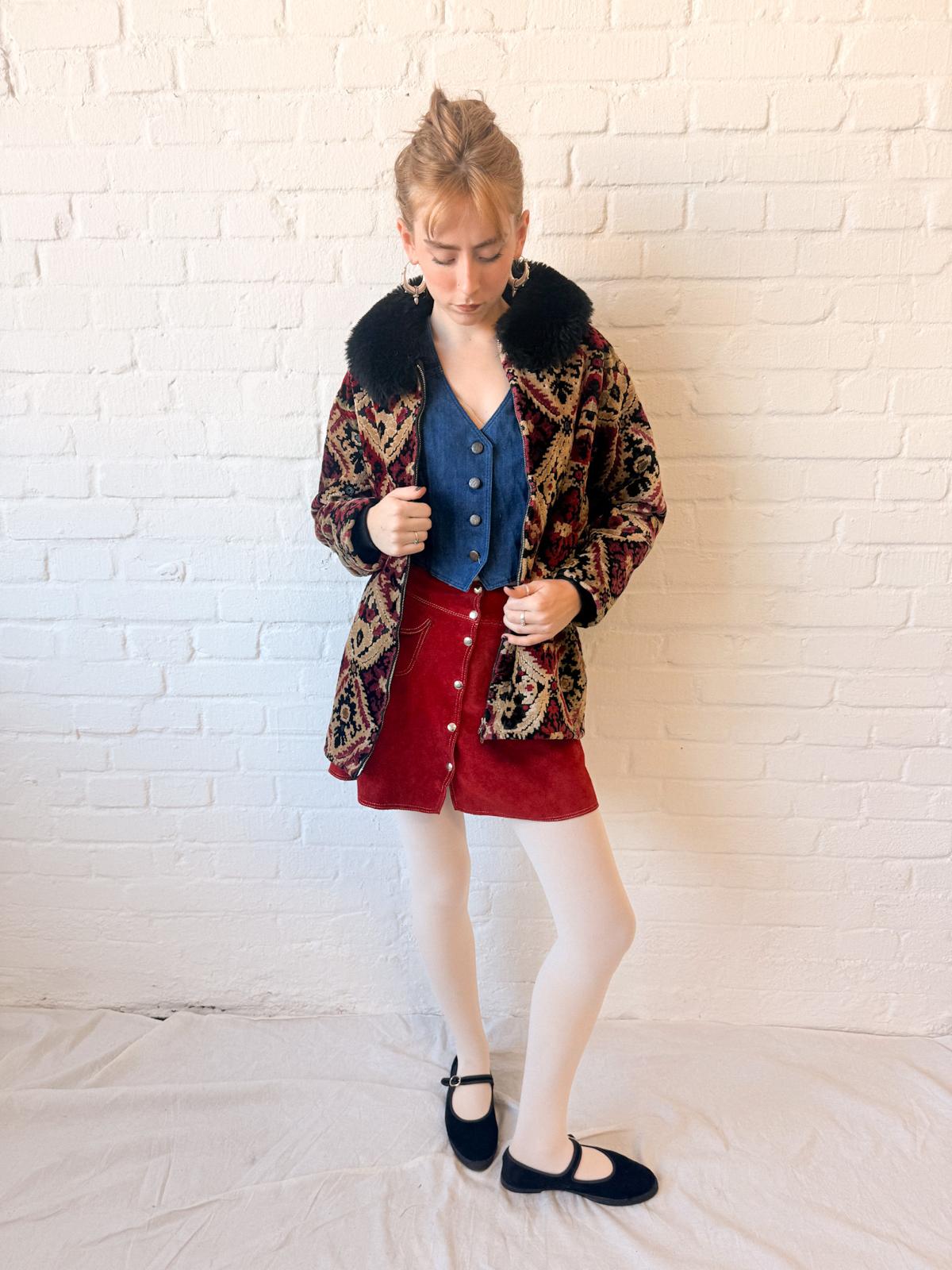1960s Tapestry Chenille Ski Jacket with Faux Fur Collar