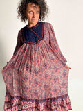 1970s Indian Cotzon Gauze Dress with Silver Lurex and Quilted Yoke