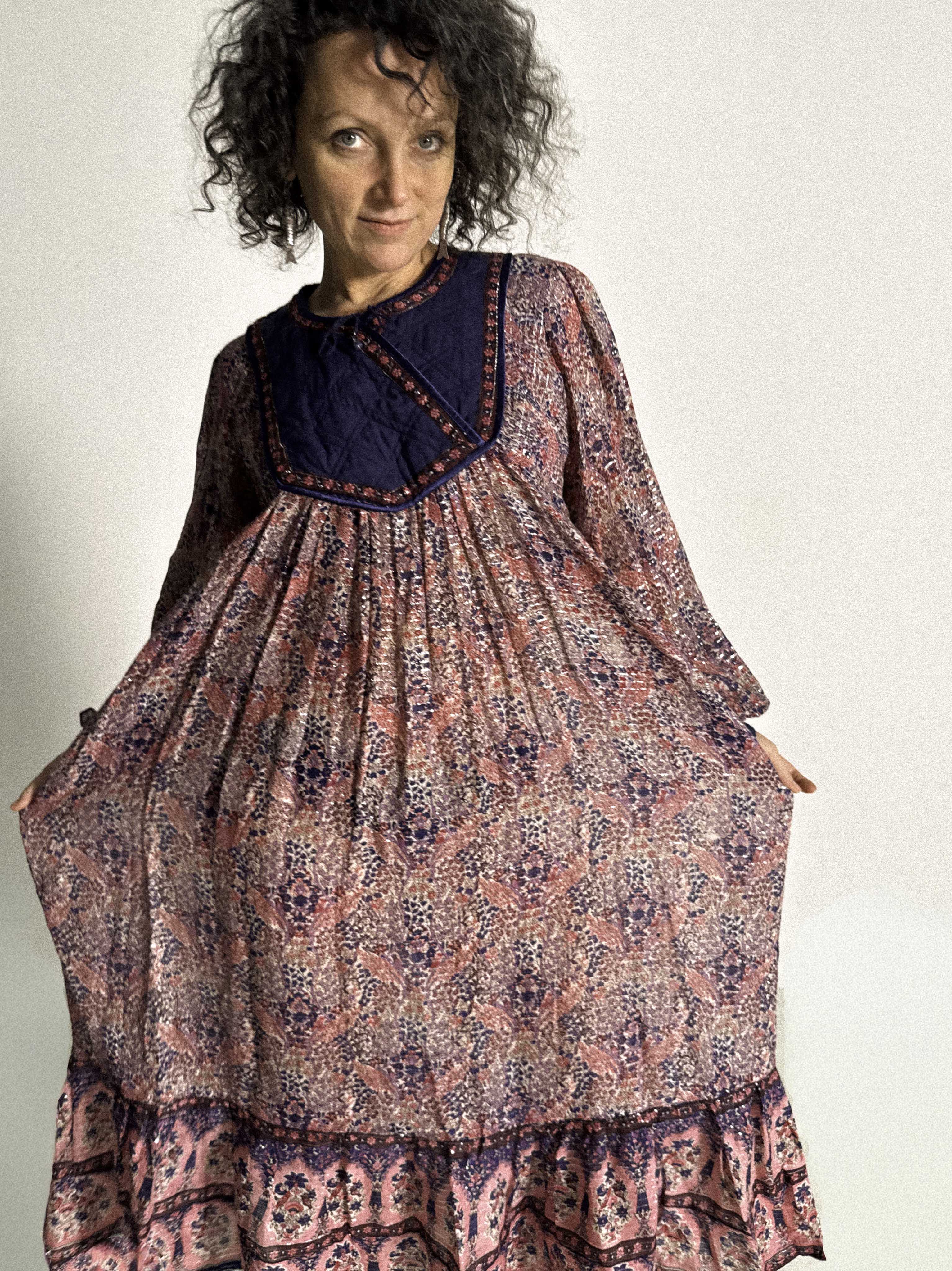 1970s Indian Cotzon Gauze Dress with Silver Lurex and Quilted Yoke
