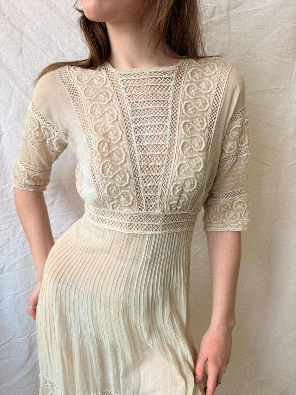 Edwardian Soutache & Lace Gauze Dress | Antique Cream Cotton Dress | Edwardian Lawn Dress | c. 1905–1915