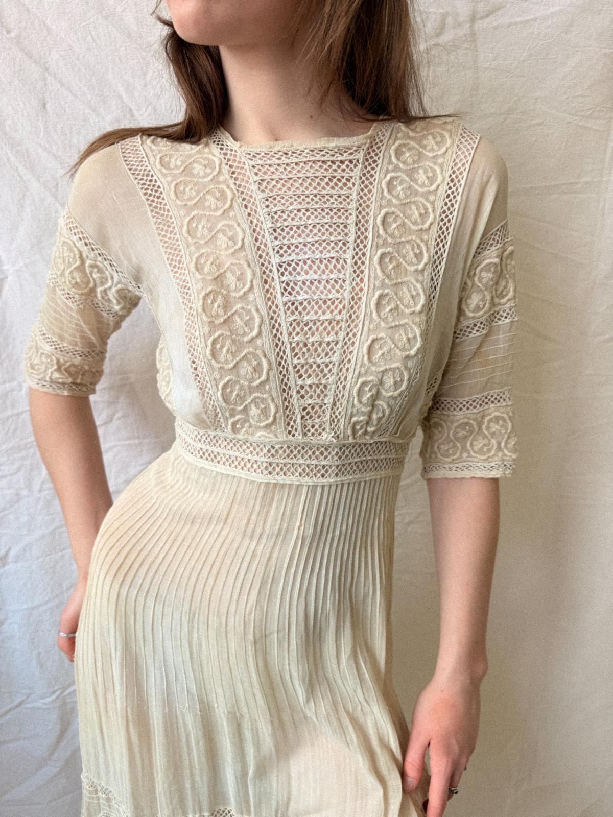 Edwardian Soutache & Lace Gauze Dress | Antique Cream Cotton Dress | Edwardian Lawn Dress | c. 1905–1915