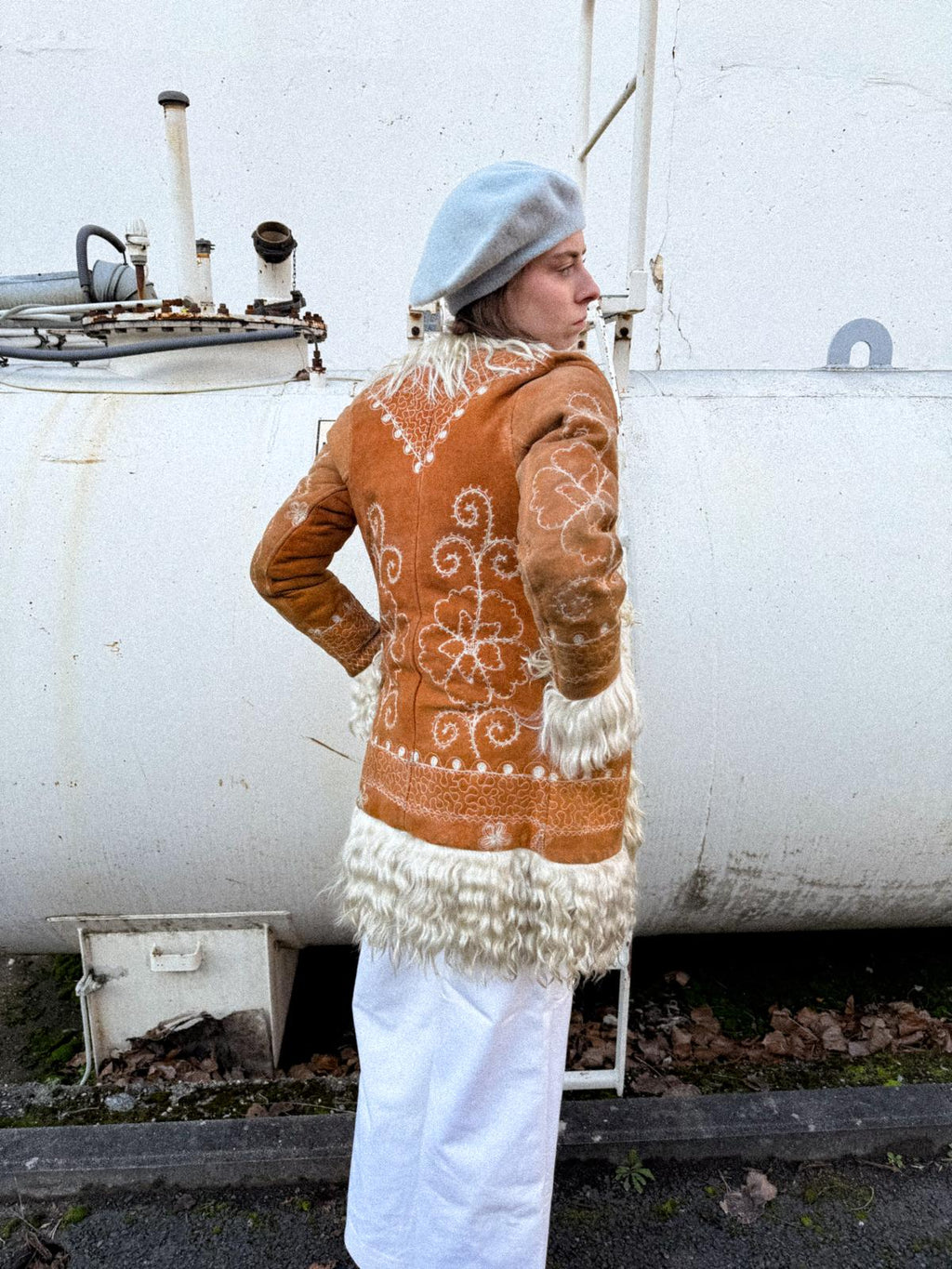 Rare 1960s/70s Afghan Penny Lane Sheepskin Hippie Coat with Floral Embroidery