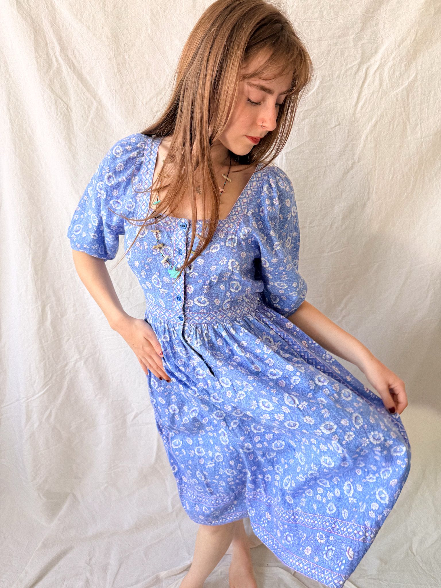 1970s Ritu Kumar for Rosafi Indian Blockprint Cotton Prairie Summer Dress