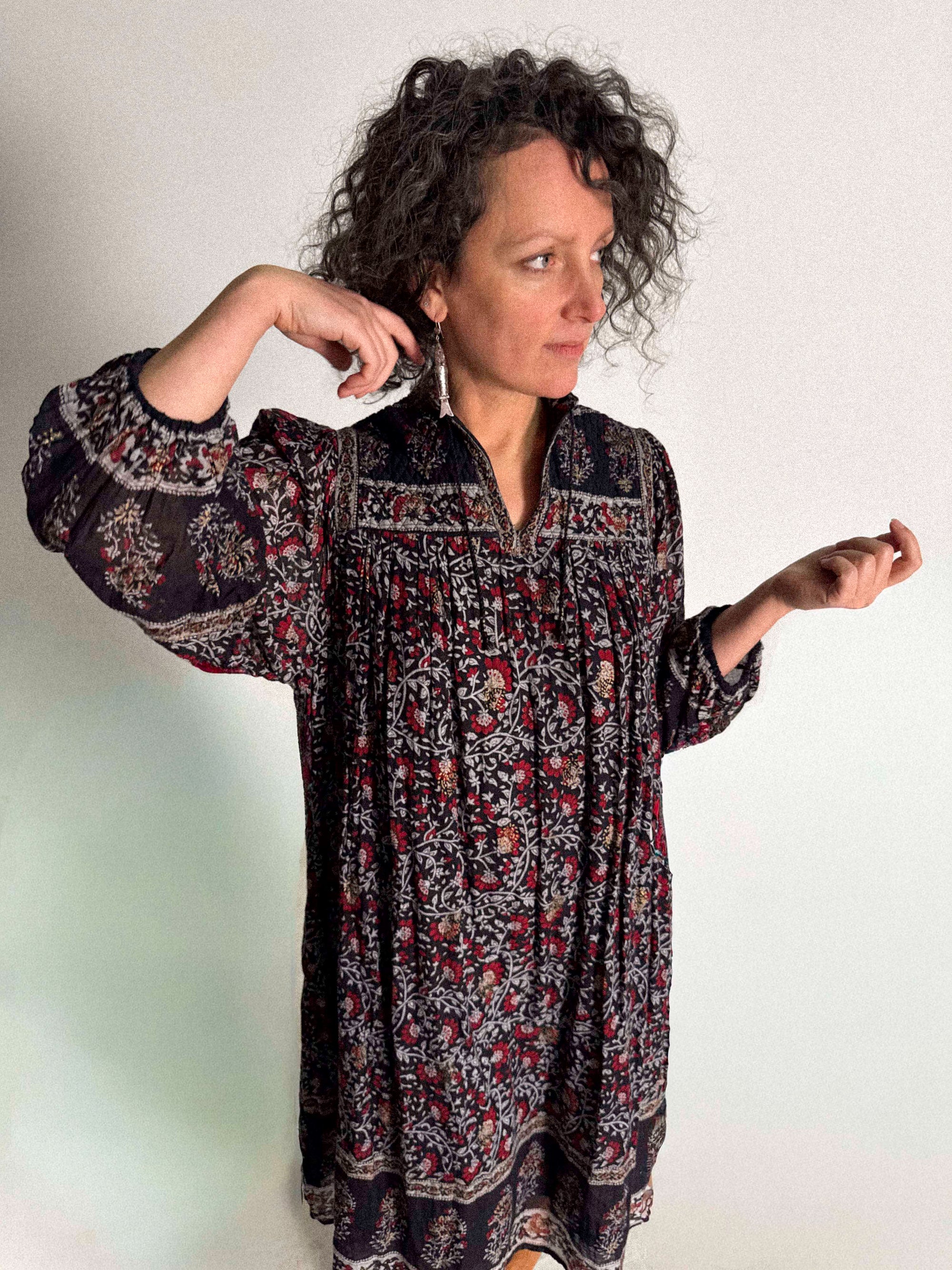 1970s Black Cotton Gauze Dress