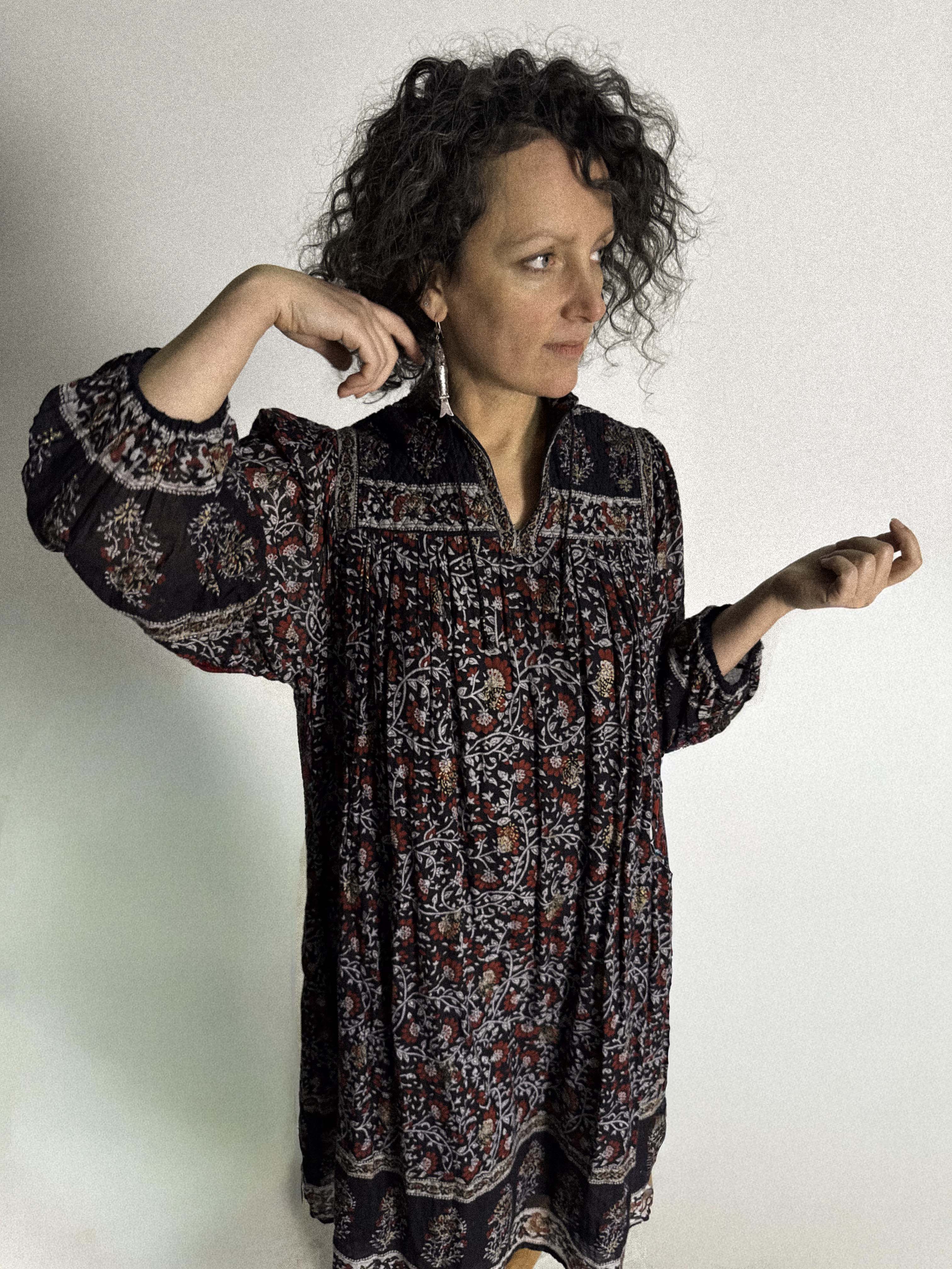 1970s Black Cotton Gauze Dress