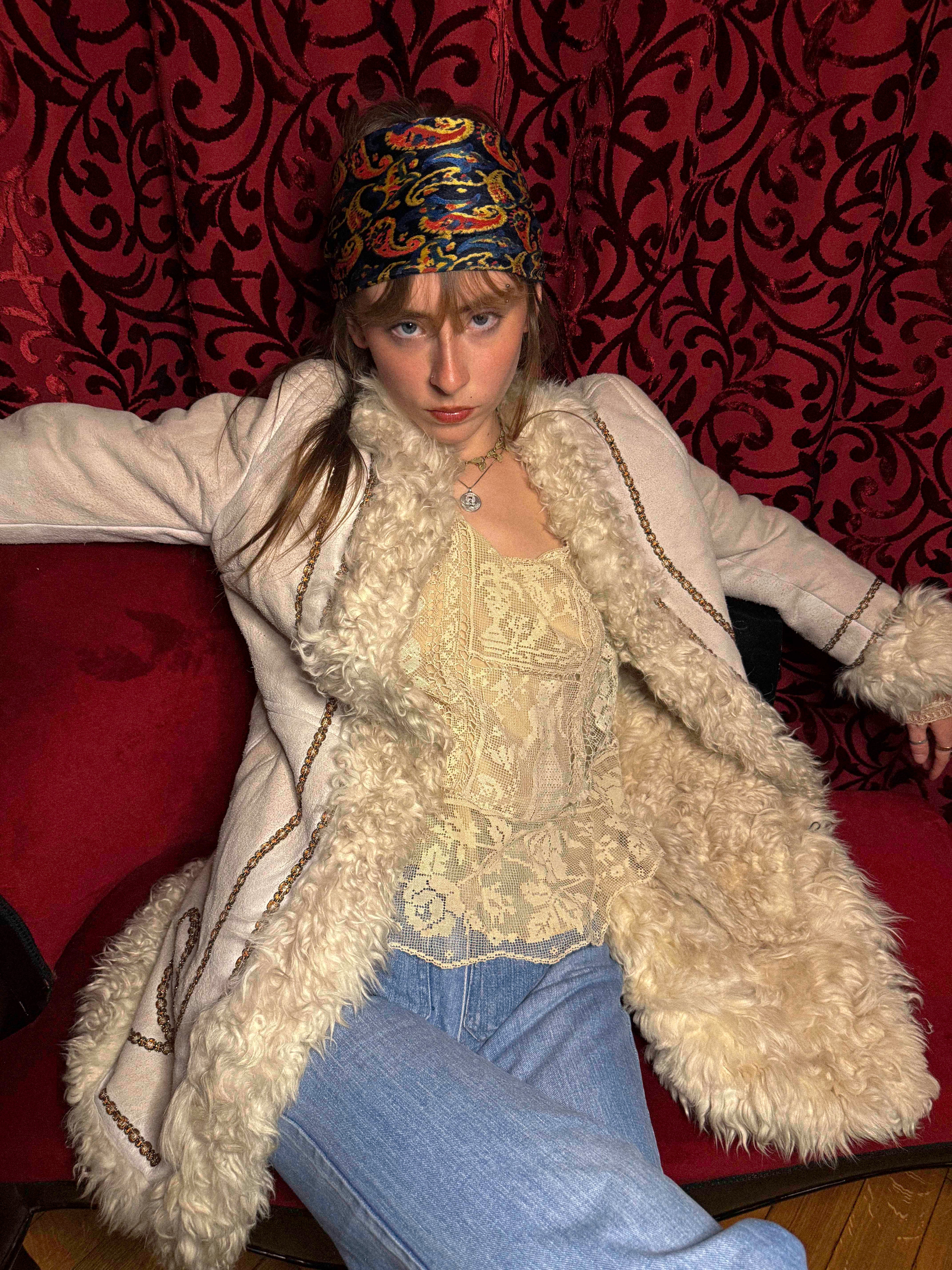 Rare 1970s Mongolian Sheepskin Coat in Soft Cream Suede