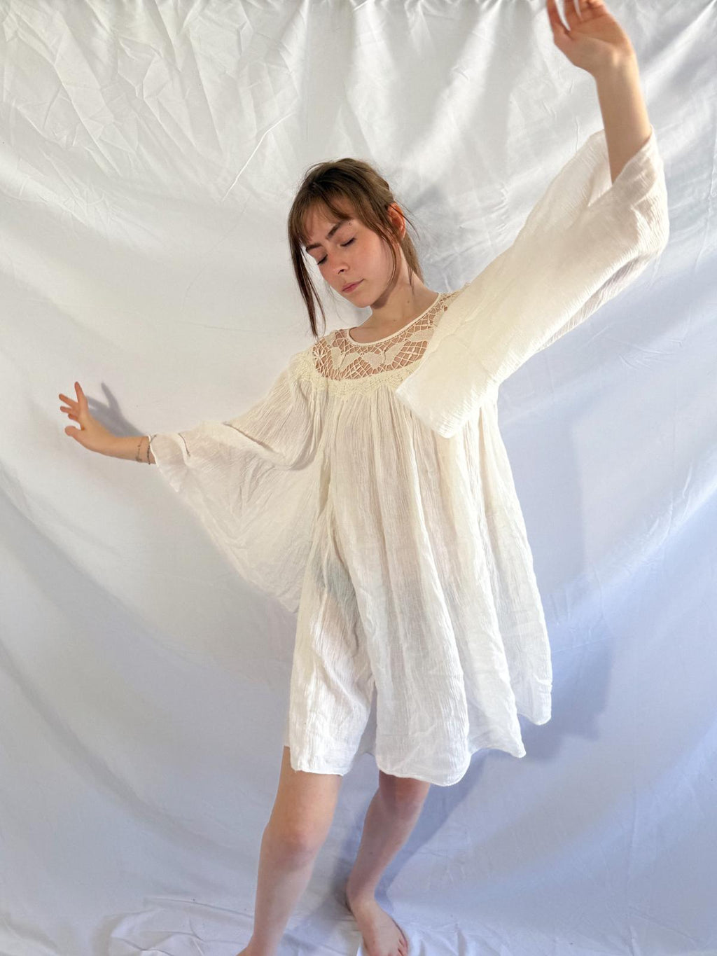 1970s Cotton Gauze Tunic with Butterfly Crochet Neckline