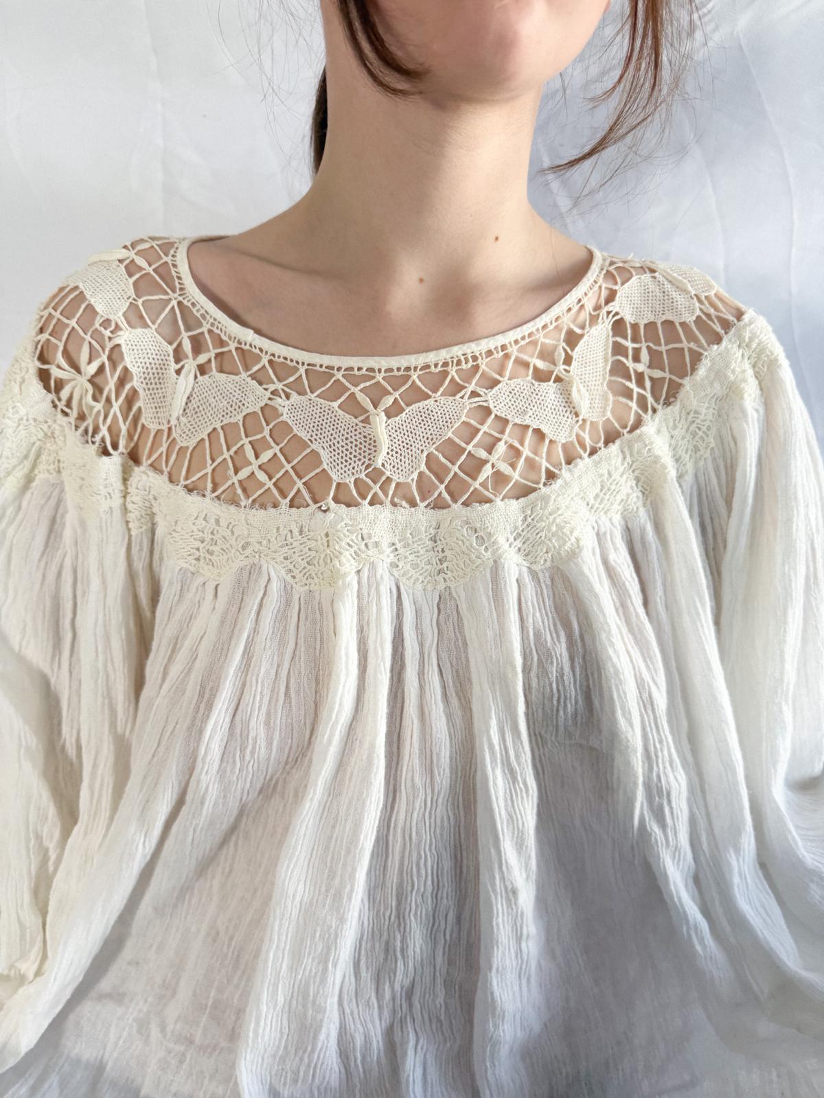 1970s Cotton Gauze Tunic with Butterfly Crochet Neckline