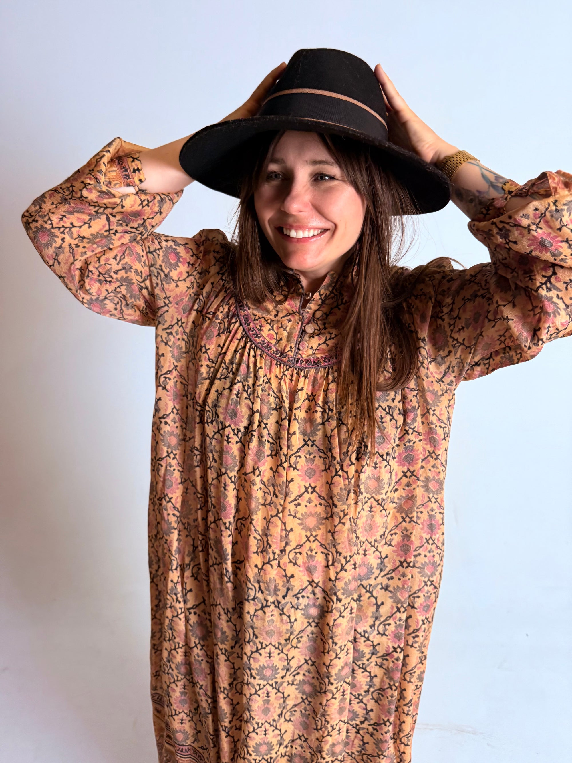 1970s Rare Phool 100% Silk Blockprint Tunic Dress