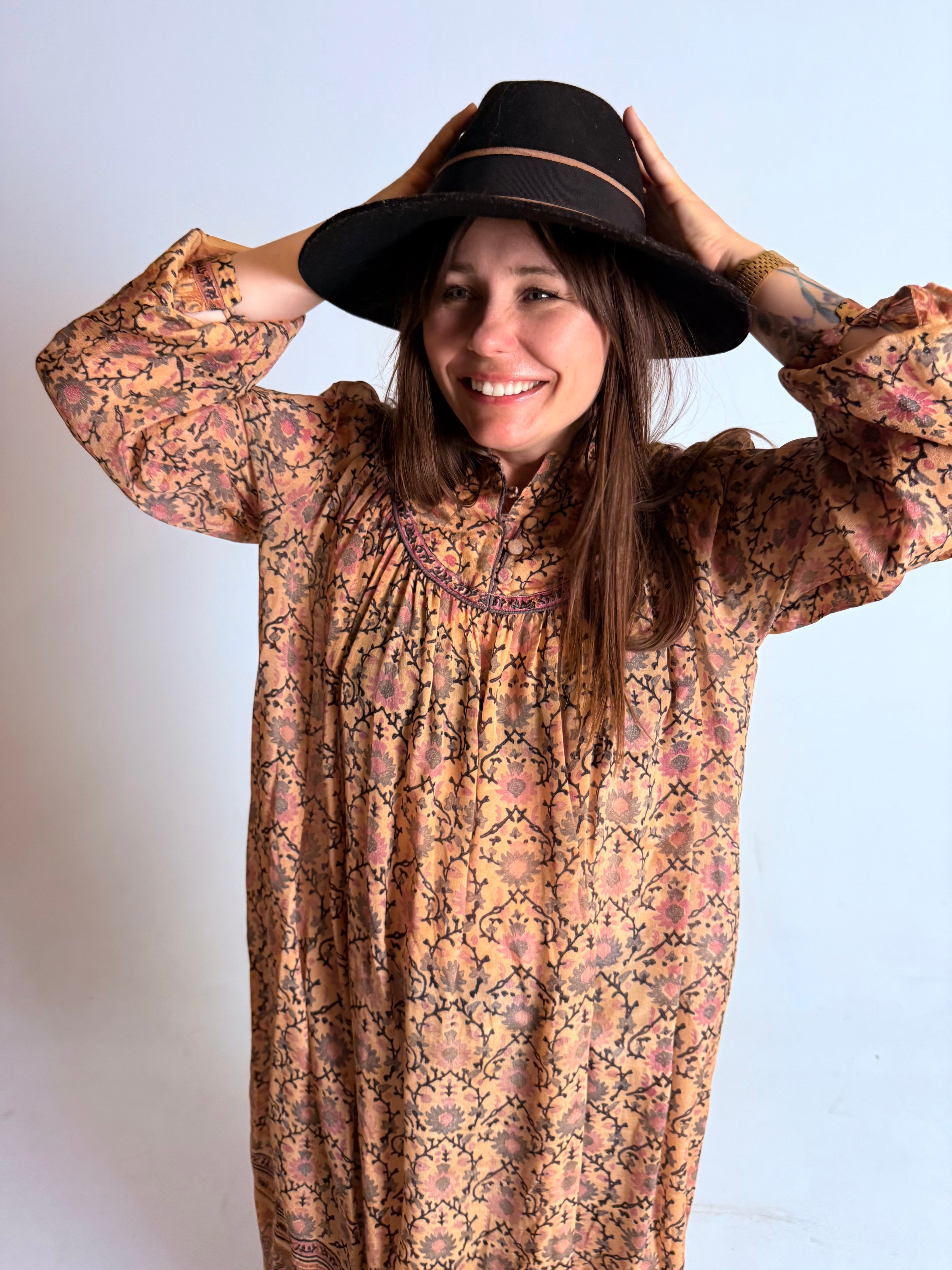 1970s Rare Phool 100% Silk Blockprint Tunic Dress- Free-Size