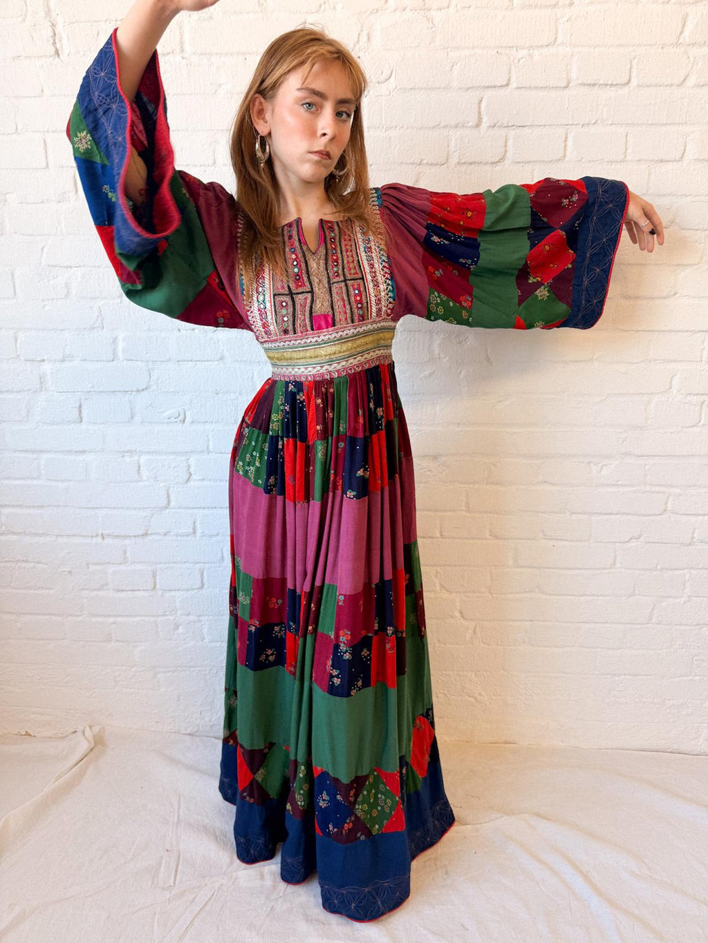 1970s Afghan-Style Patchwork Maxi Dress with Mirrorwork Embroidered Bodice