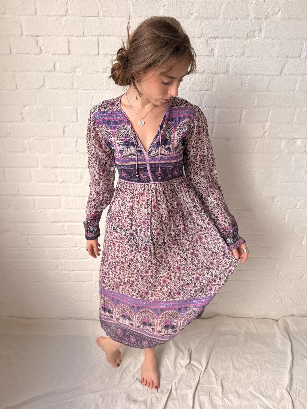 1970s Indian Cotton Gauze and Lurex Peacock Print Dress