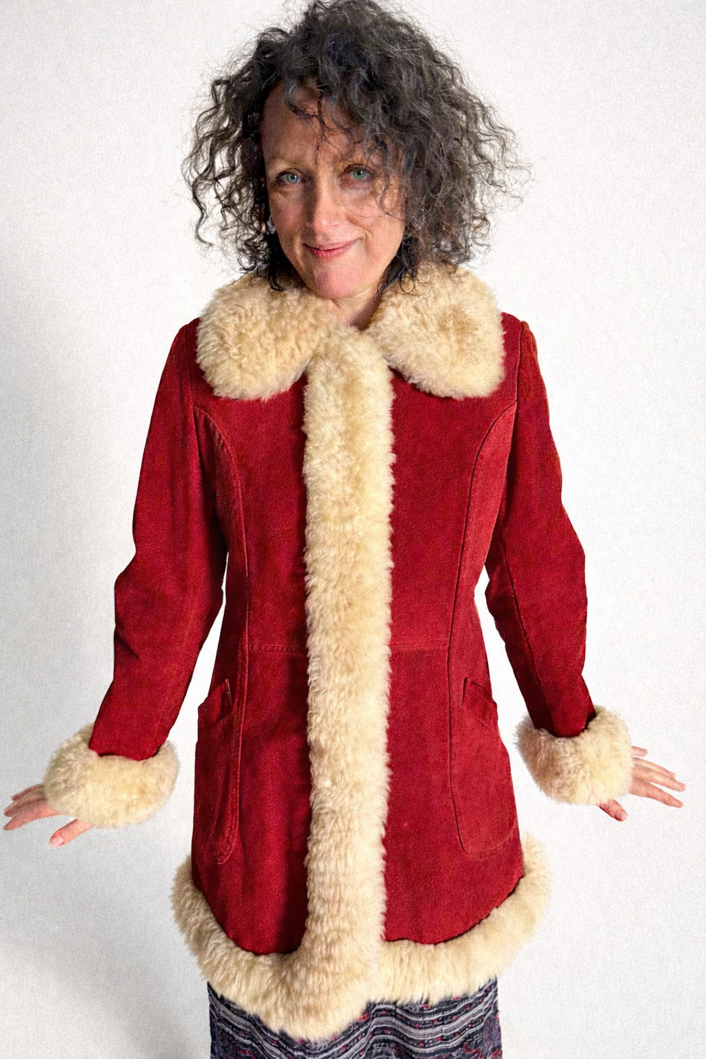 1960s/70s Cherry Red Shearling Coat with Sheepskin Trim