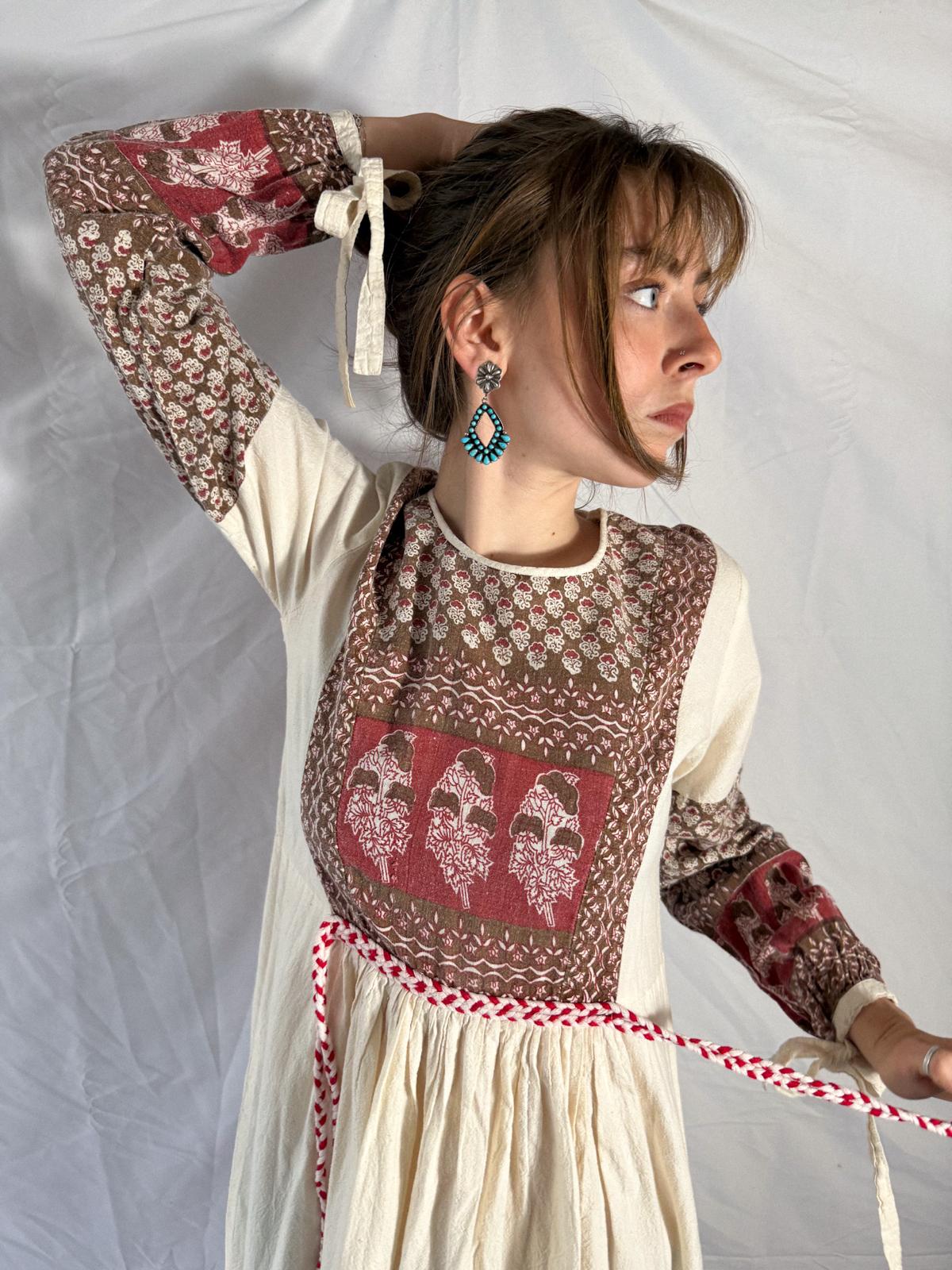 1970s Thick Cotton Blockprint Panel Dress in Cream