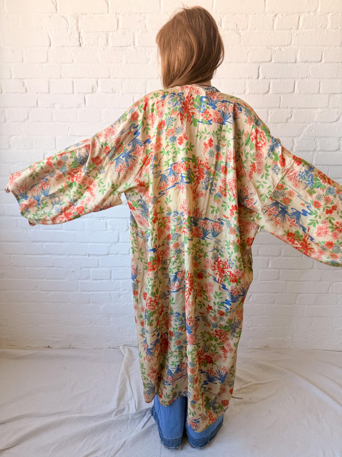1920s Silk Pongee Kimono Robe – Full-Length Floral Tissue Silk