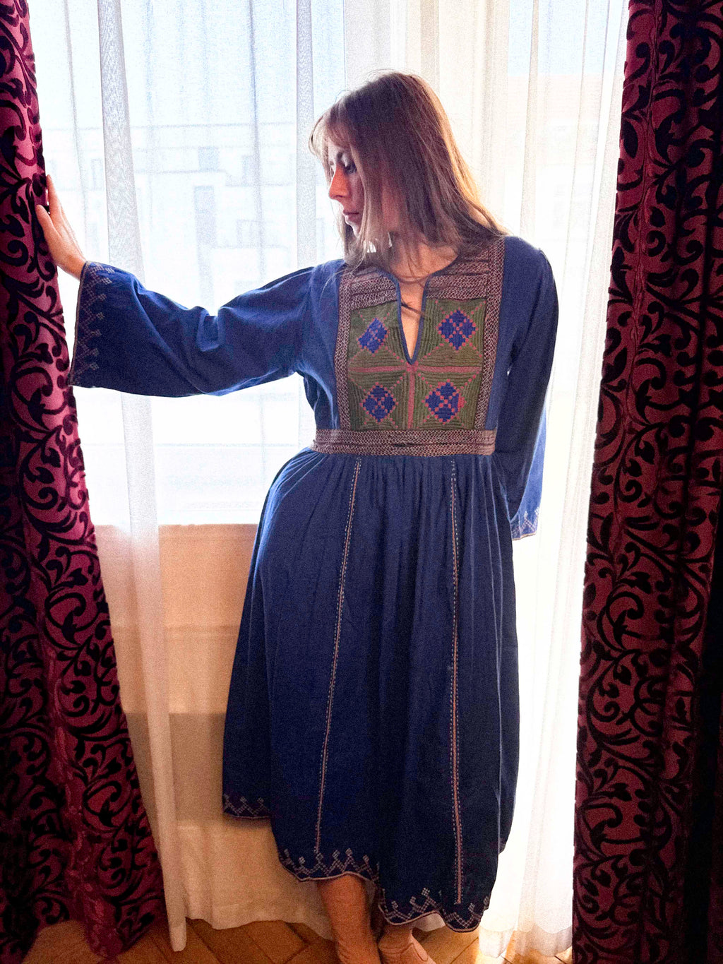 1970s Afghan Cotton Dress in Ultramarine Blue with Embroidery | Kabul Imports