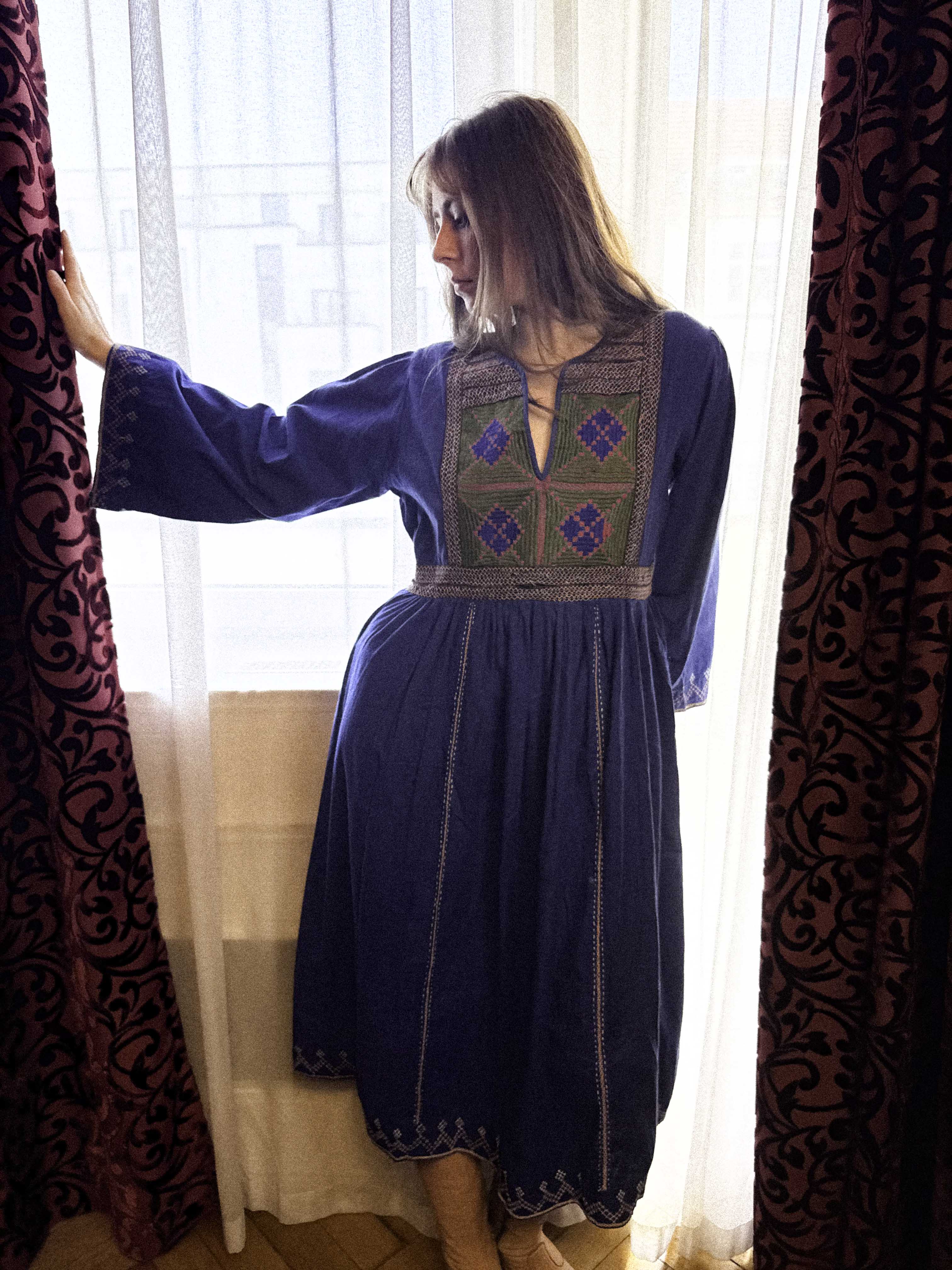 1970s Afghan Cotton Dress in Ultramarine Blue with Embroidery | Kabul Imports