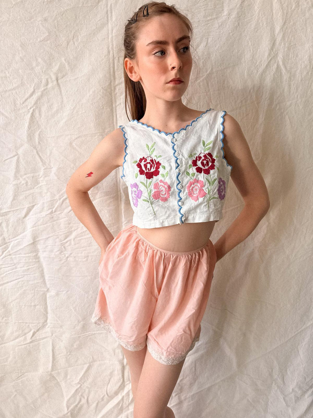 Antique to Early Vintage Embroidered Folk Bodice / Cotton Corset Cover