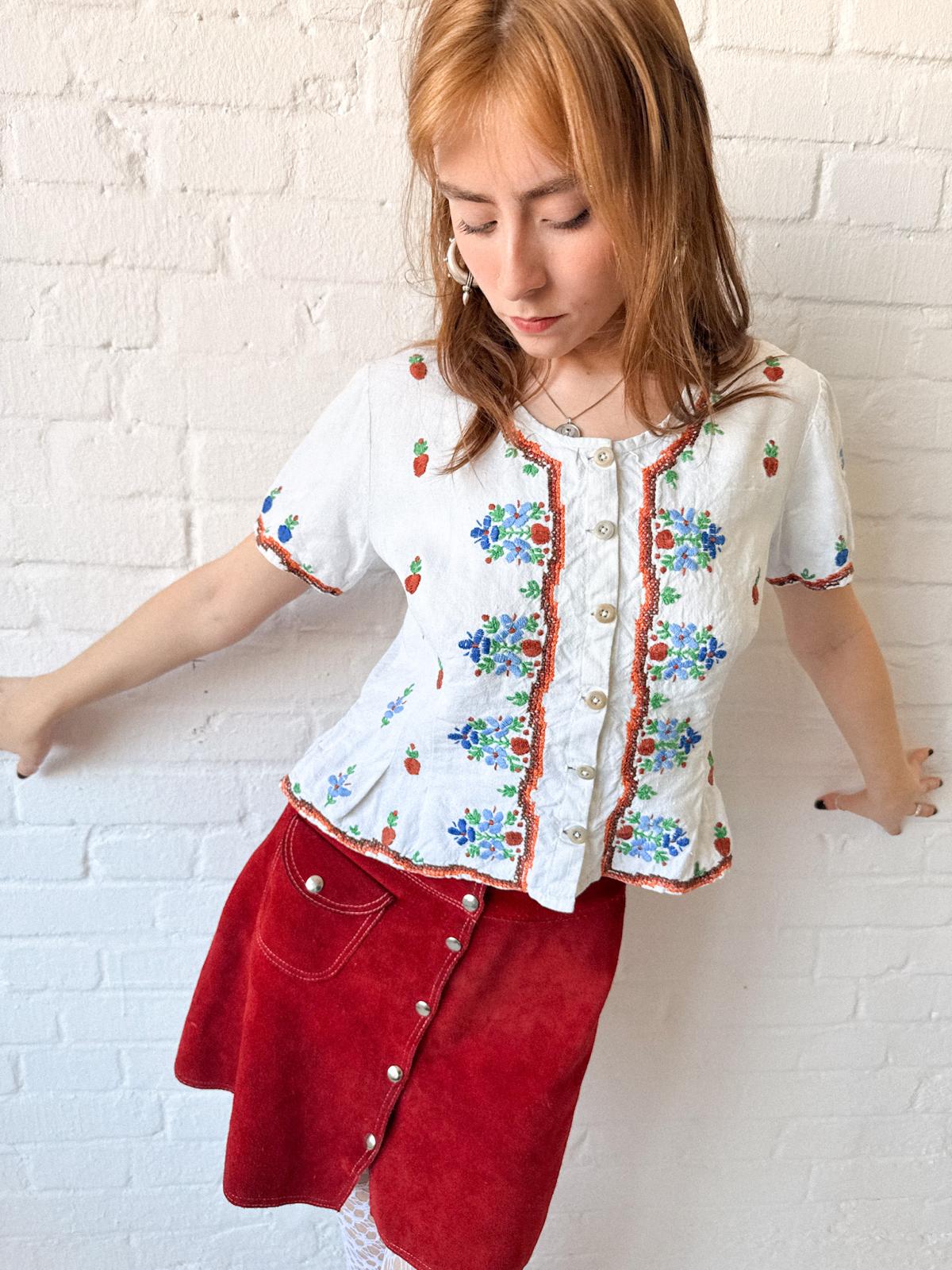 1960s–70s Embroidered Cotton Folk Peplum Blouse