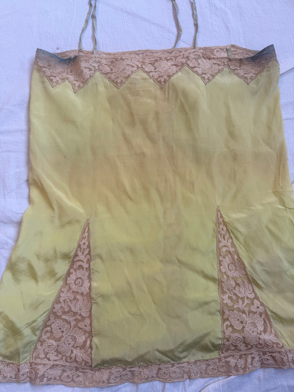 Antique 1920s Chartreuse Silk Lingerie Slip with Lace￼