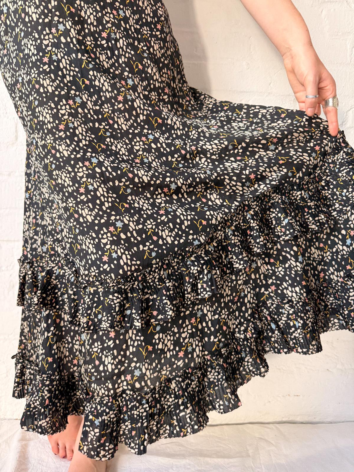 1920s Black Silk Voile Capelet Dress with Pleated Ruffle Hem | Flapper Day Dress | Rare Antique Silk Dress