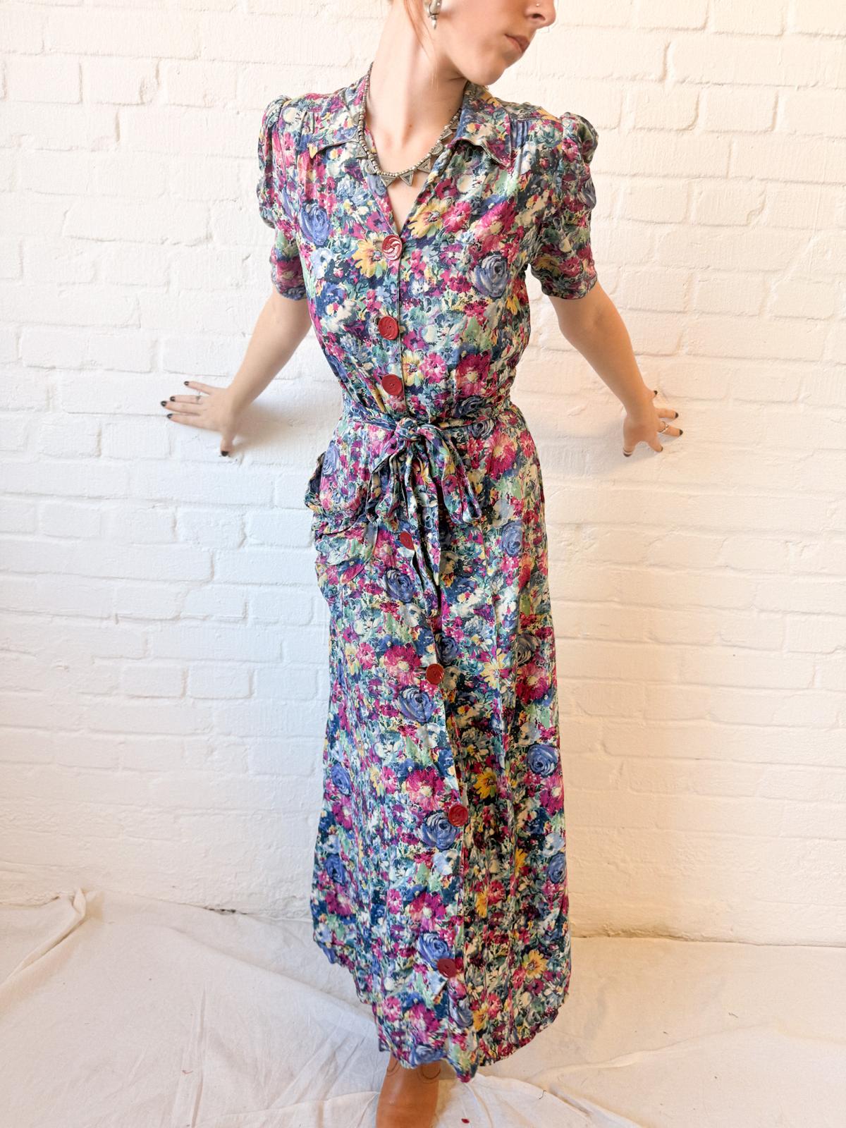 Rare 1940s Cotton Floral Maxi House / Tea Dress with Bakelite Buttons