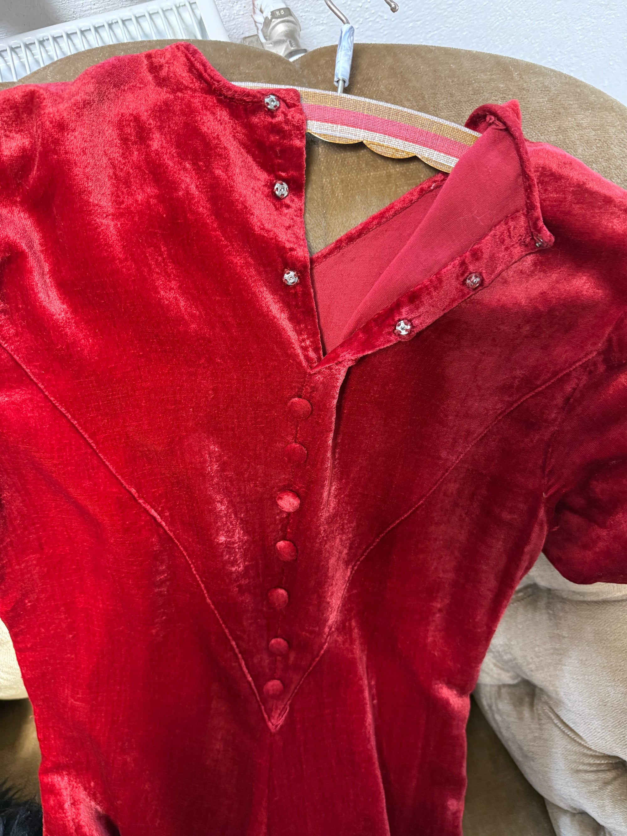 Crimson Silk velvet late 1930s / early 40s Button-Up Dress
