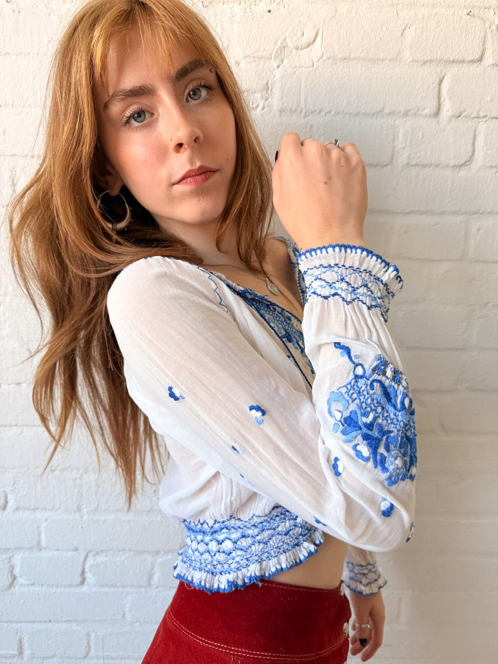 1930s–40s Eastern European Hand-Embroidered Cotton Batiste Blouse