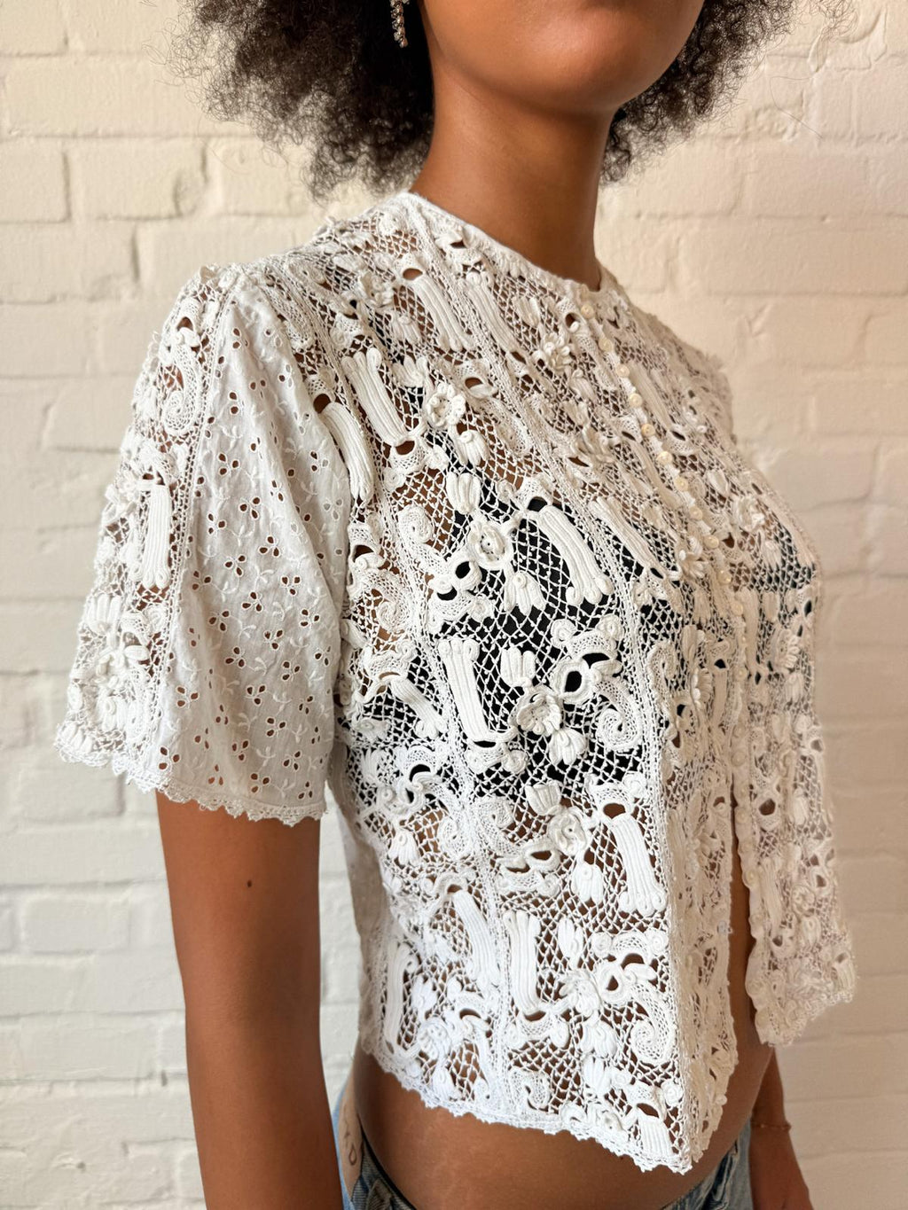 Edwardian 1900s–1910s Handmade Irish Crochet Guipure Lace & Broderie Anglaise Blouse