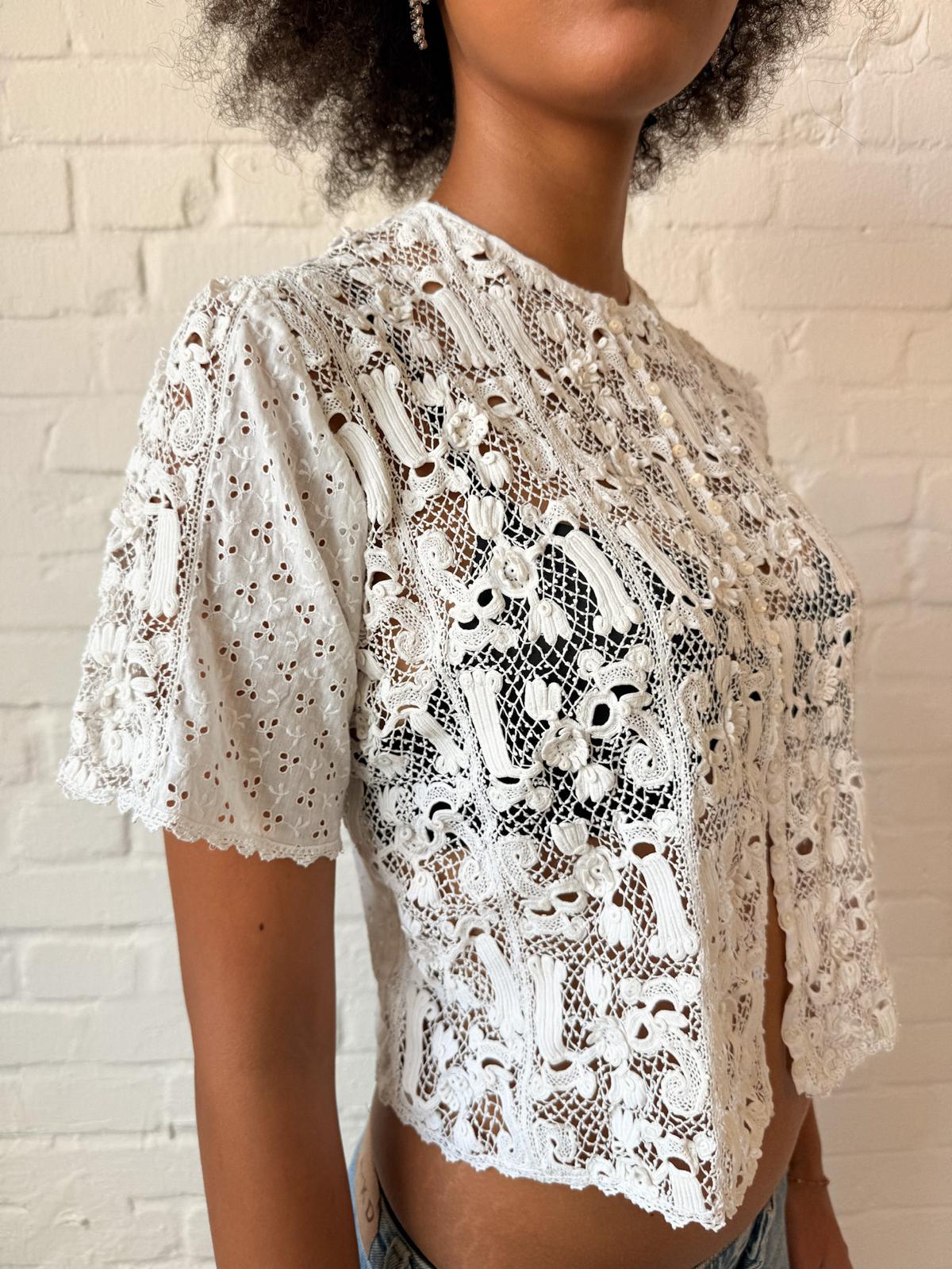 Edwardian 1900s–1910s Handmade Irish Crochet Guipure Lace & Broderie Anglaise Blouse