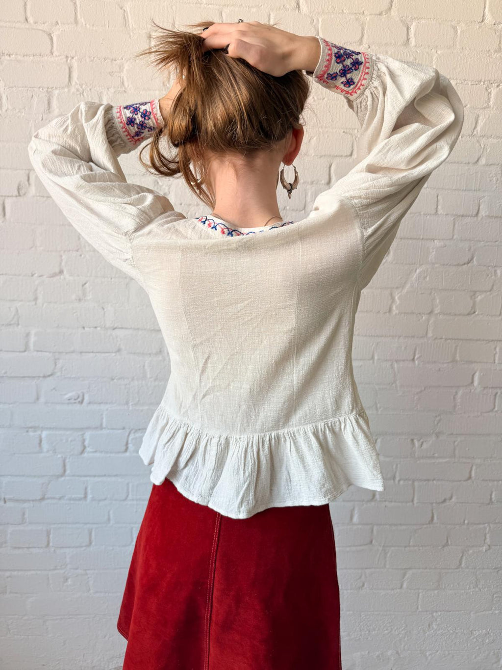 1960s–70s Embroidered Cotton Cheesecloth Peplum Blouse