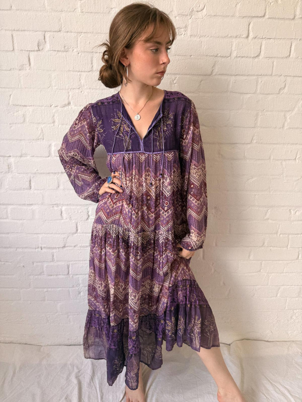 1970s Indian Cotton Gauze Maxi Dress with Tree Print and Gold Stamped Details