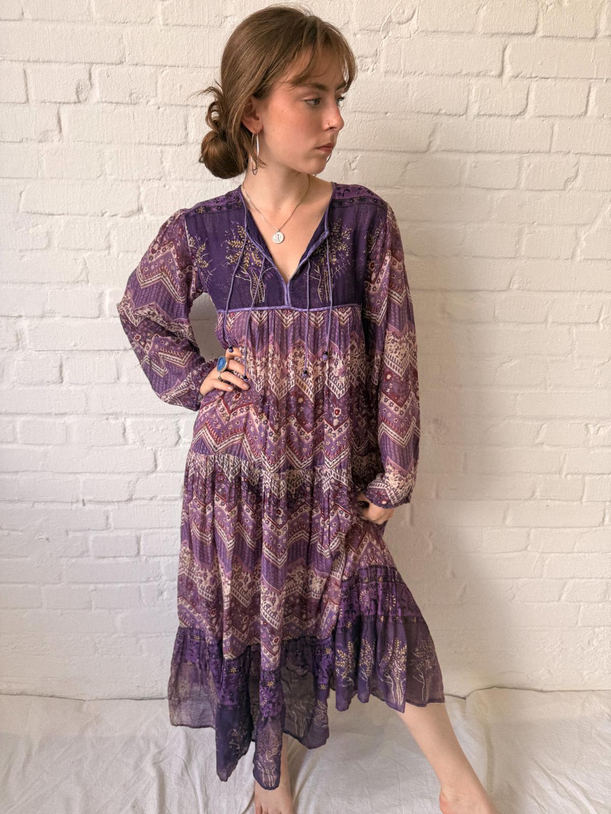 1970s Indian Cotton Gauze Maxi Dress with Tree Print and Gold Stamped Details