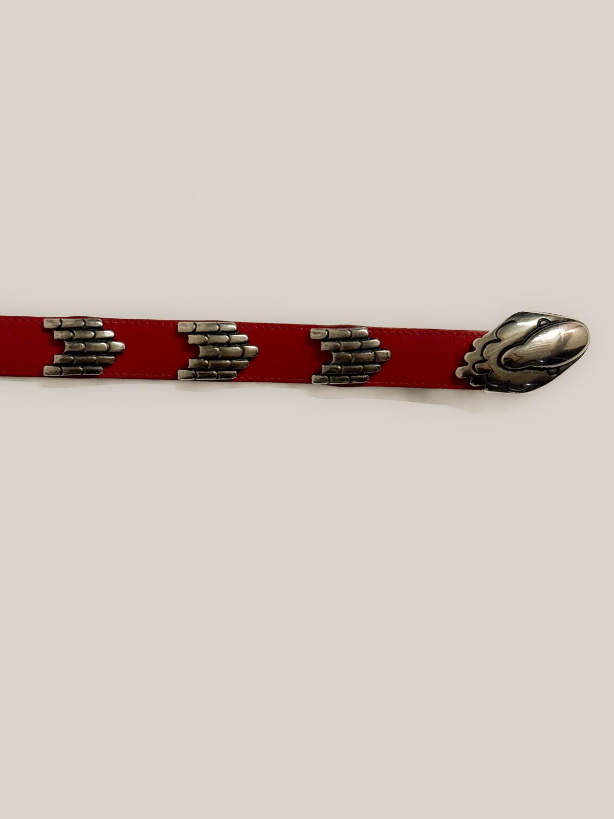 Vintage Red Leather Snake Belt — Silver-Tone Serpent Hardware — Size 75–85