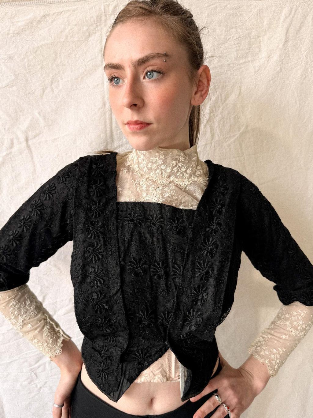 Victorian / Early Edwardian Black Silk & Lace Boned Bodice | Antique Embroidered Jacket | c. 1895–1910