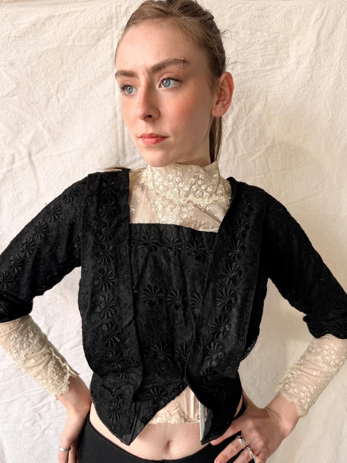 Victorian / Early Edwardian Black Silk & Lace Boned Bodice | Antique Embroidered Jacket | c. 1895–1910