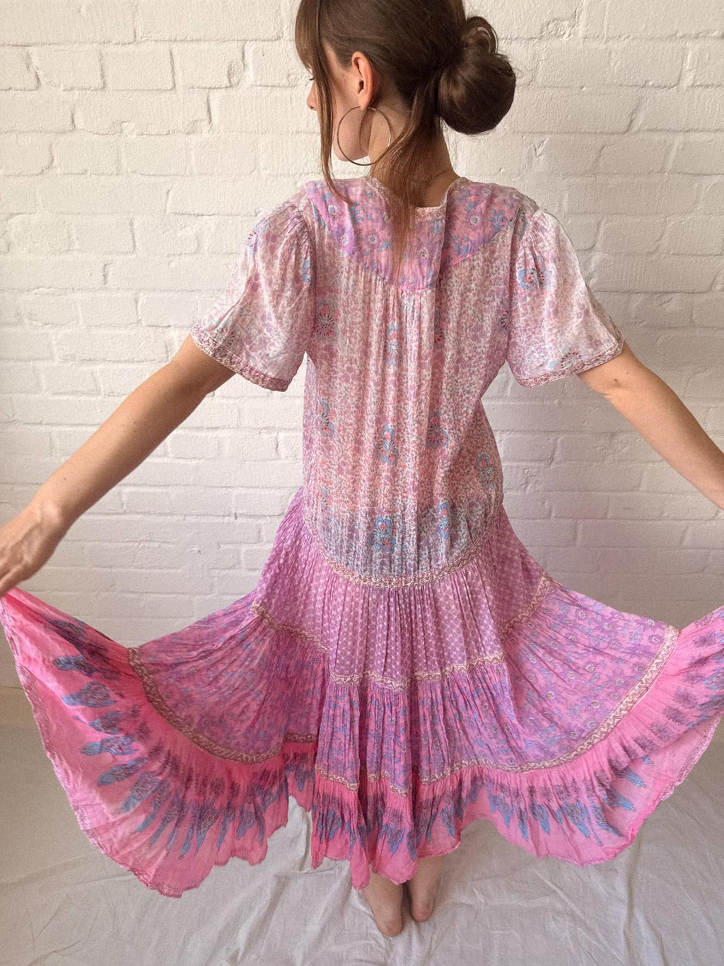 1970s Adini Indian Cotton Gauze Block Print Summer Dress