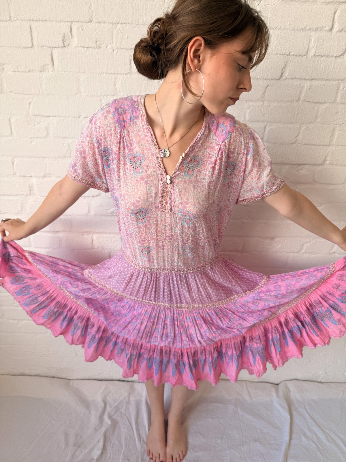1970s Adini Indian Cotton Gauze Block Print Summer Dress