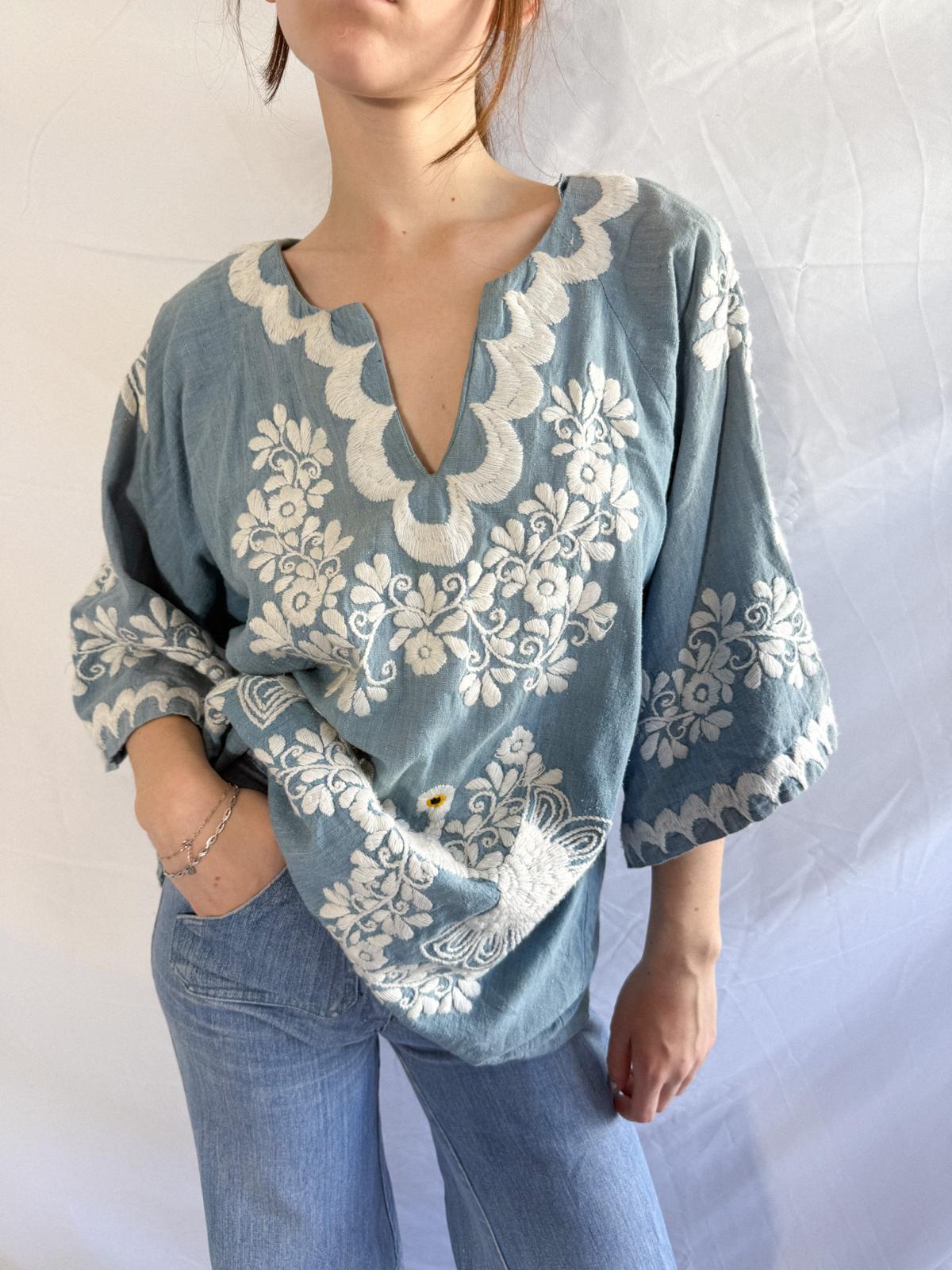 1970s Embroidered Chambray Mexican Tunic Top