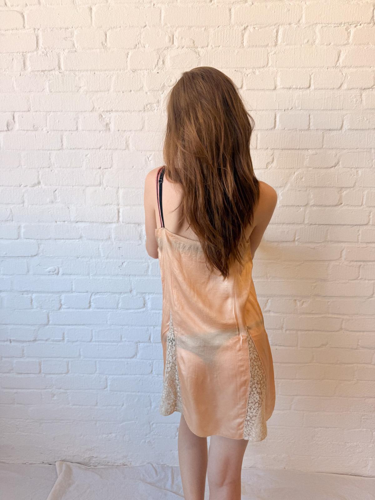 1920s Blush Pink Rayon Lingerie Slip with Lace Inserts