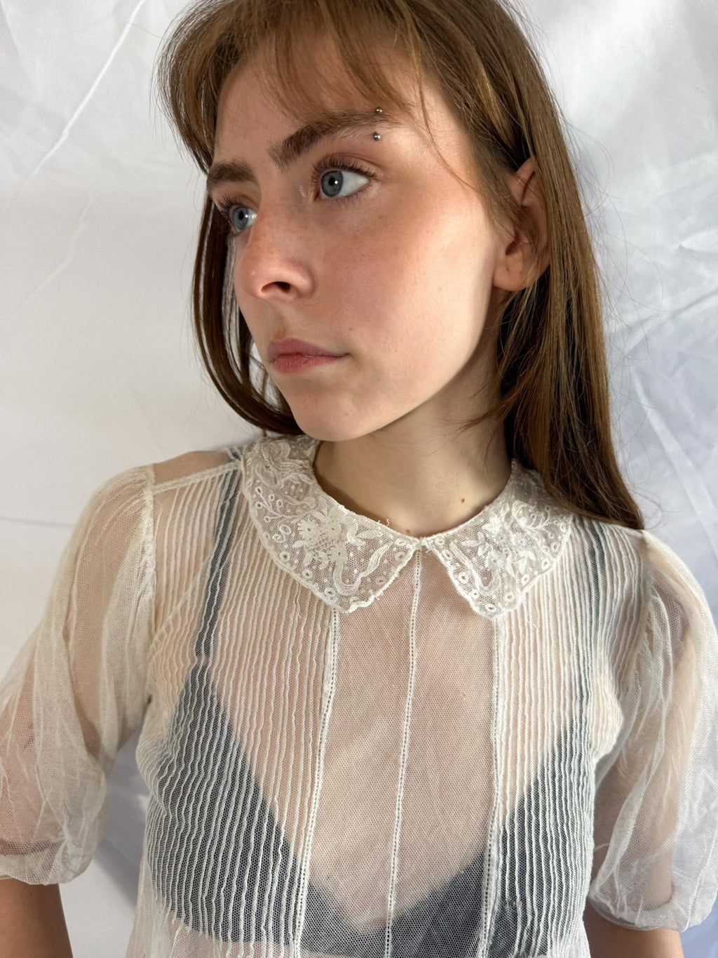 Edwardian / Early 1910s Sheer Tulle Blouse with Embroidered Collar