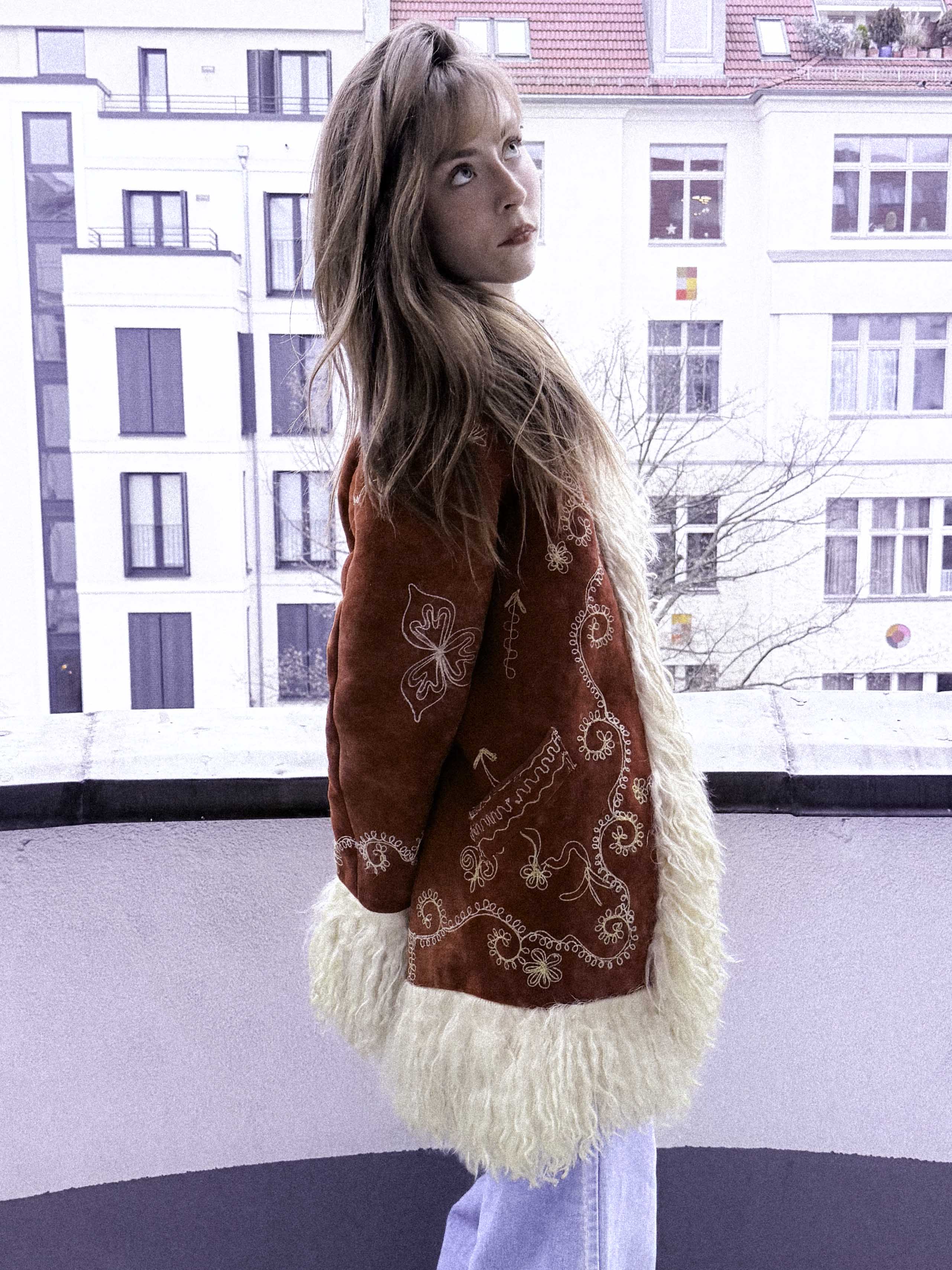 Rare 1960s Afghan Suede Lamb Shearling Penny Lane Coat – Tomato Red with Cream Trimmings